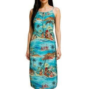 Vintage All That Jazz 11/12 Blue Hawaiian Print Dress Polynesian Resortwear